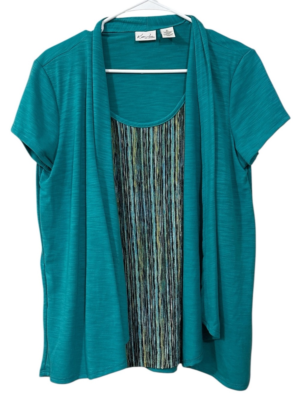 Kim Rogers Teal Layered Short Sleeve Tunic with Striped Inset
